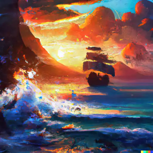 DALL·E 2022 10 25 17.04.45   colorful splashes and explosions as An wild ocean of clouds beneath the mountains in the sunrise with an old ship, digital Art  gigapixel low_res scale 6_00x